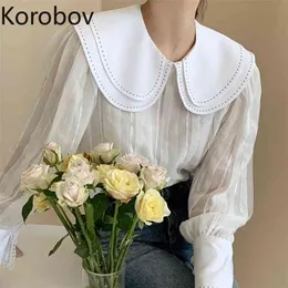 Korobov Women New Blouses Chic Peter Pan Collar Puff Sleeve Chiffon Shirts Korean Elegant Blusas Mujer Office Lady 210430