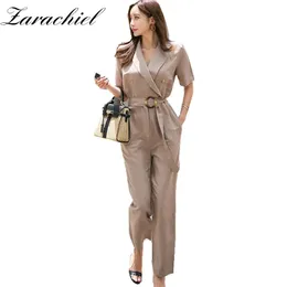 Fashion Notched Collar Office Blazer Women Short Sleeve Double-Breasted Pocket Belt Knot Jumpsuits Female Overalls 210416