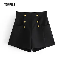 TOPPEN Frau Bermuda Shorts Vorderknopf Hohe Taille Shorts Black Bottoms Zipper Streetwear Wide Bein 210412