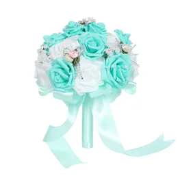 Pink Artificial Bridal Bouquet Bride Wedding Flowers Ribbon Handle Romantic Buque de Noiva 6 Colors W5581312J