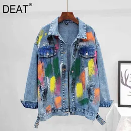 Kołnierz Lapel Single Breasted Długi Sleereblue Jean Jacket Kobiety Ręcznie Malowane Kolor Graffiti Moda Wiosna GX462 210421