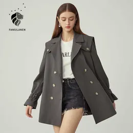 Fansilanen Rahat Bandaj kadın Trençkot Sonbahar Kış Çevirme Streetwear Rüzgarlık Moda Gri Ceket Femme 210607