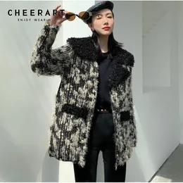 デザイナー冬ファッションツイードジャケット暖かい毛皮の襟厚いウールコート女性レディース韓国風のアウター210427