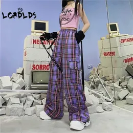 LordLds Women Purple Plaid Spodnie Lato Luźny Styl Szeroki Noga Spodnie Wysokiej Talii Streetwear Kobiety Spodnie Koreańskie Ubrania Q0801