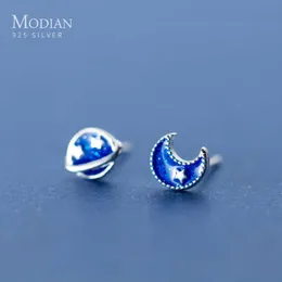 Star Moon Enamel Blue Galaxy Planet Silver Stud Örhängen Charm Cute 925 Sterling Party Smycken för Kvinnor Bröllop 210707