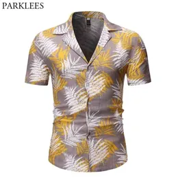 Folhas Imprimir Camisa Havaiana Homens Verão Manga Curta Praia Camisas Mens Casual Botão Camisas para Férias Chemise 2XL 210522