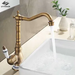 Bateria Kitchen Kitchen Faucets Antyczne Mosiądz Single Handle Kitchen Basin Bateria Deck Mounted Water Basin Umywalka Sink 210724