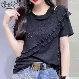 Moda solta coreana Ruffled ombro oco camiseta Diamantes do verão das mulheres camisetas Câmeras redondos do colarinho 9234 50 210417