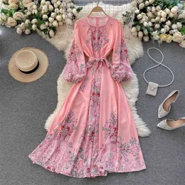 Women Fashion Round Neck Printed Long Sleeve High Waist A-line Dress Elegant Vintage Clothing Vestidos S118 210527