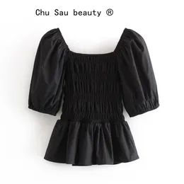 Chu sau skönhet mode sommar kvinnlig fyrkantig krage tight bröst stretch skjorta kvinna solid färg casual bubbla ärm topp 210508