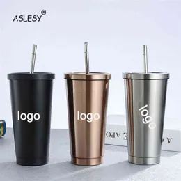 500Ml Stainless Steel Double Wall Watermelon Cup Metal Coke Mug with Straw Lid Beer Mugs Holiday Souvenir Gift Candy Color 210804