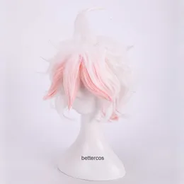 Danganronpa Dangan Ronpa Nagito KaMeda Cosplay Peruka Krótkie Gradient Biały Różowy Kręcone Ogrzewanie Odporne Włosy Syntetyczne + Czapka Y0913