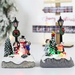 Christmas Village Scene Xmas Tree Snowman Resin Ornament with LED Light Animated Street Lamp Miniature Statue Decoration 211012