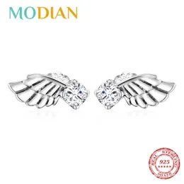 Äkta 925 sterling silver mode vinkel flygande vingar stud örhängen för kvinnor tjejer örhängen AAA Clear CZ smycken 210707