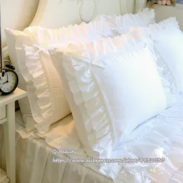 Princess Pure White Double Layer Lace Flounced Cotton Wedding Bedding Pillowcase pillow cover 220217