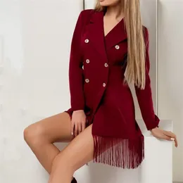 Damska dwurzędowa Slim-Fit Sexy Tassed Suit Kurtka Sukienka Na Jesień I Winter Biuro Lady Mini Czarny Tassel 210508