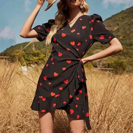 Holiday Beachwear Love Printed V-neck Bandage Raglan Short Sleeve mini dress boho Loose Ladies Dress Summer Ruffles 210508