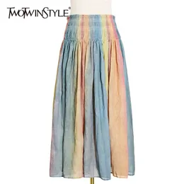 Kolorowe paski spódnica dla kobiet Wysoka talia Hit Color Casual Midi Spódnice Kobiet Moda Odzież Jesień 210521