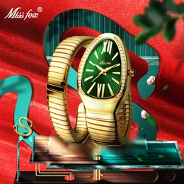 Snake Shape Diamond Watch For Women Green Dial Ladies Gold Watches Analog Quartz Movt Unique Iced Out