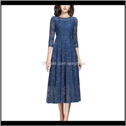 Vestidos casuais vestidos de vestuário vestuário entrega 2021 primavera vintage três quartos manga azul vestido de renda para mulheres vj0b3