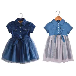 On Sale Girls Short Sleeve Denim Dress Mesh Patchwork Dress Cool Baby Button Belt Cute Toddler Dress Baby Fashion Dresses 3-6Y G1215