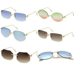 Grossistförsäljning mode stil rimless solglasögon fyrkantig delikat unisex metall 18k guld solglasögon rektangel kör c dekoration UV400 brun eller multi lins