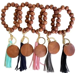 6 stilar Träarmband Keychain med tofsar Key DIY Fiber Pandent Wood Bead Bangle Keys dekorera mode DB755