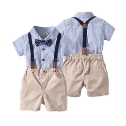 Baby Boy Одежда набор детский джентльмен наряд младенческий формальный костюм вечеринка малыш бабочка галстук полосатая рубашка боди + подвески нагрудник шорты G1023