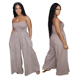 Women Summer Elegant Spaghetti Strap Sleeveless Polka Dot Print One-Piece Loose Wide Leg Pants Jumpsuits Romper