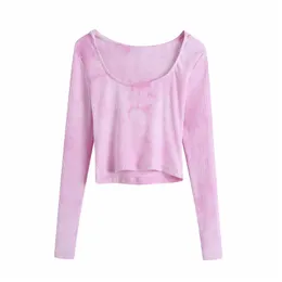 Evfer Women Fashion Tie-Dye Print Spring Knitted Short Pink T-shirts Female Casual Long Sleeve High Waist O-Neck Hooded Tops 210421