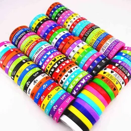 Pack of 100pcs Multicolor Elasticity Jesus Cross Skull Peace Butterfly Etc Style Wrist Cuff Silicone Bracelets For Man Women 210330