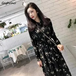 Långärmad klänning Kvinnor Blommig-tryckta Chiffon Elegant svart Koreansk stil Fritid Slank Chic Student Streetwear Women's Vestido Y1006