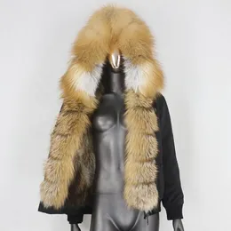 Kvinnor Fur Faux Bluenessfair 2021 Bomber Vattentät Parka Vinterjacka Kvinnor Real Coat Natural Raccoon Collar Hood Avtagbar