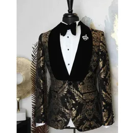 Floral Jacquard Prom Men Suits for Wedding 2 piece Custom Groom Tuxedo Man Set Blazer with Black Pants Male Fasion Clothes X0909