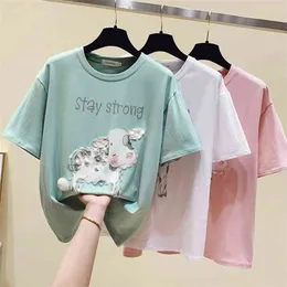 WWENN Short Sleeve Oversized T shirt Women Tops Summer Plus Size Looes Pink Woman Tshirt Cotton White Beading Clothes 210507