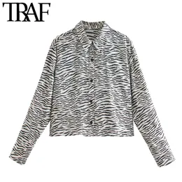 TRAF Vrouwen Mode Dierenprint Losse Cropped Blouses Vintage Lange Mouw Button-up Vrouwelijke Shirts Blusas Chic Tops 210415