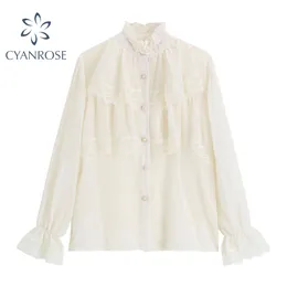 Szyfonowe koreańskie bluzki i koszule dla damskich stylowe flary z długim rękawem pojedyncze piersi perłowe koronki retro blusas topy 210417