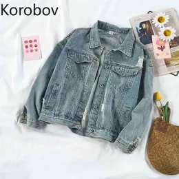 Korobov Vintage Harajuku Kobiety Denim Płaszcze Kobiety Z Długim Rękawem Preppy Styl Streetwear Kurtki Urzzang Kieszenie Jean Kurtka 210430