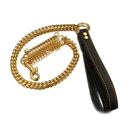 1/2 / 3FT Heavy Gold Cuban Curb Miami Chain 14mm StainlSteel Dog Safety Leash Buffer Spring Labor-Spara med läderhandtag X0509