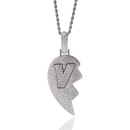 Iced Out Broken Heart Pendant Necklace Mens Womens Fashion Hip Hop V Letter Gold Necklaces Jewelry