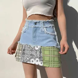 ヴィンテージプリント縞模様のPalidのパッチ式の高い腰のミニスカートのための女性夏の韓国のファッションAラインショートデニムスカートSaia 210415