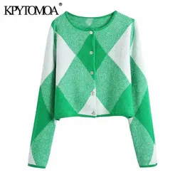 KpyTomoa Kobiety Moda Argyle Jacquard Cropped Knit Cardigan Sweter Vintage O Neck Długi Rękaw Kobiecy Odzież Odzieży Weszłorowe Topy 211103