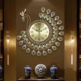 Grande 3D ouro diamante pavão relógio de parede relógio de metal para casa sala de estar decoração DIY relógios ornamentos 53x53cm 210401