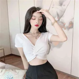 Korea Sexy Deep V Twist Odchudzanie Pokazuje Pępek Sznurek Kubek Krótki Rękaw Slim T-Shirt Moda Top 210520