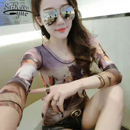 Animal Print Mesh Tshirt Kvinnor Casual Höst Vinter T-shirt Femme Camiseta Tunn Slim Street Casual Tee Shirts Mujer 7295 50 210417