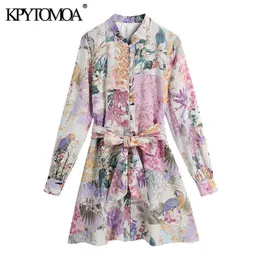 KPYTOMOA Women Chic Fashion With Belt Floral Print Mini Dress Vintage Long Sleeve Button-up Female Dresses Vestidos Mujer 210706