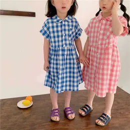 Flickor Causal Plaid Kläder för barn Kontrollera Long Blouse Dress Summer Fresh Barnkläder Ins Fashion Outfit 210529