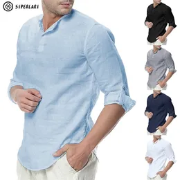 Siperlari męskie koszulki z długim rękawem bawełniane pościel dorywczo oddychające wygodna koszula styl mody solidny mężczyzna luźne mężczyzn 210721