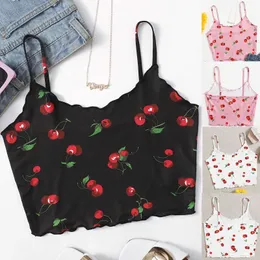 Seksowne Czarne Damskie Tank Tap Damska Cherry Print Bez Rękawów Pulower Kamizelka Tank Crop Tops Koszulki Camiseta Tirantes Mujer 210616