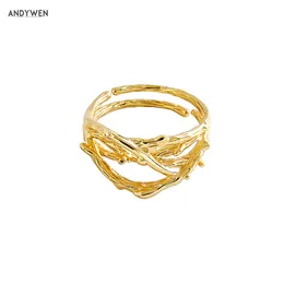 Andywen 925 Sterling Silver Gold Twist Resizable Ringar Kvinnor Bröllop Lyxig Enkel Oregelbundna Smycken Rock Punk 210608